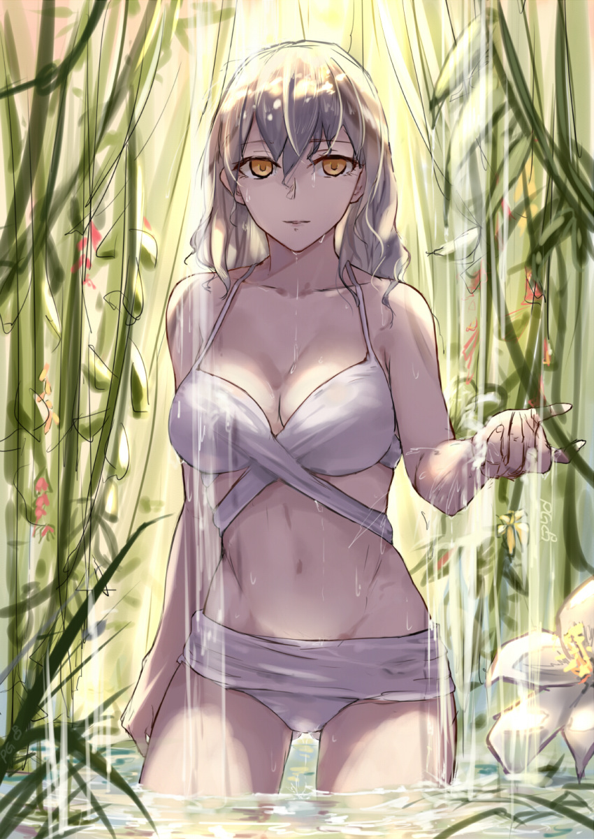 1girl, bikini, grey_hair, highres, hindenburg_(zhan_jian_shao_nyu), long_hair, looking_at_viewer, mou_zhi_pingguo, partially_submerged, rain, solo, swimsuit, wet, yellow_eyes, zhan_jian_shao_nyu