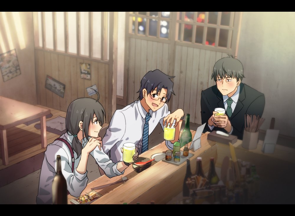 3boys, ahoge, bar, black_hair, business_suit, chopsticks, formal, glasses, idolmaster, idolmaster_(classic), idolmaster_cinderella_girls, idolmaster_side-m, male_focus, multiple_boys, necktie, producer_(idolmaster_anime), producer_(idolmaster_cinderella_girls_anime), producer_(idolmaster_side-m), sitting, smile, striped_neckwear, suit, table