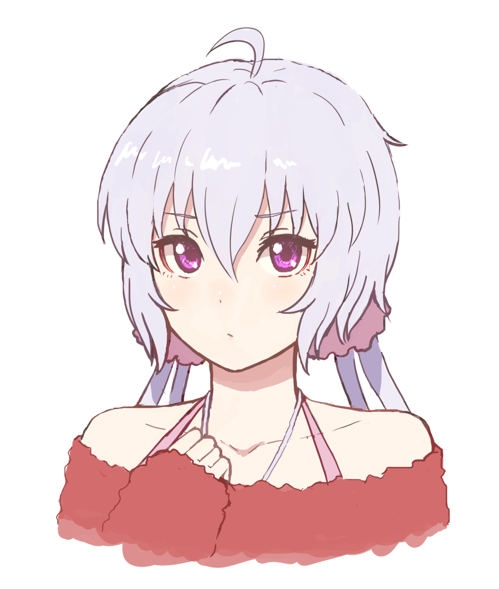 1girl, ahoge, hair_between_eyes, highres, long_hair, looking_at_viewer, purple_hair, senki_zesshou_symphogear