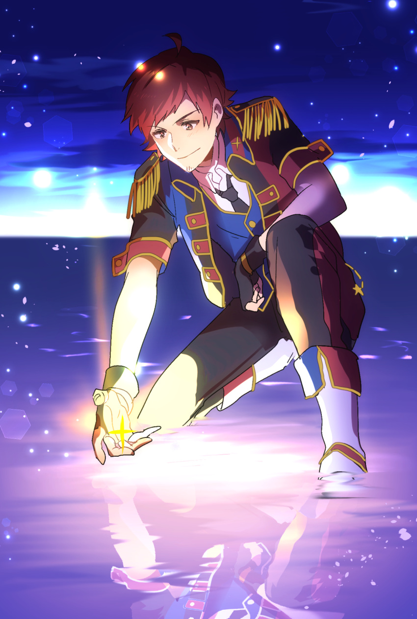 1boy, boots, facial_hair, highres, idolmaster, idolmaster_side-m, kneeling, male_focus, one_knee, reason!!, red_eyes, redhead, short_hair, solo, stubble, takumi_(scya), tendou_teru