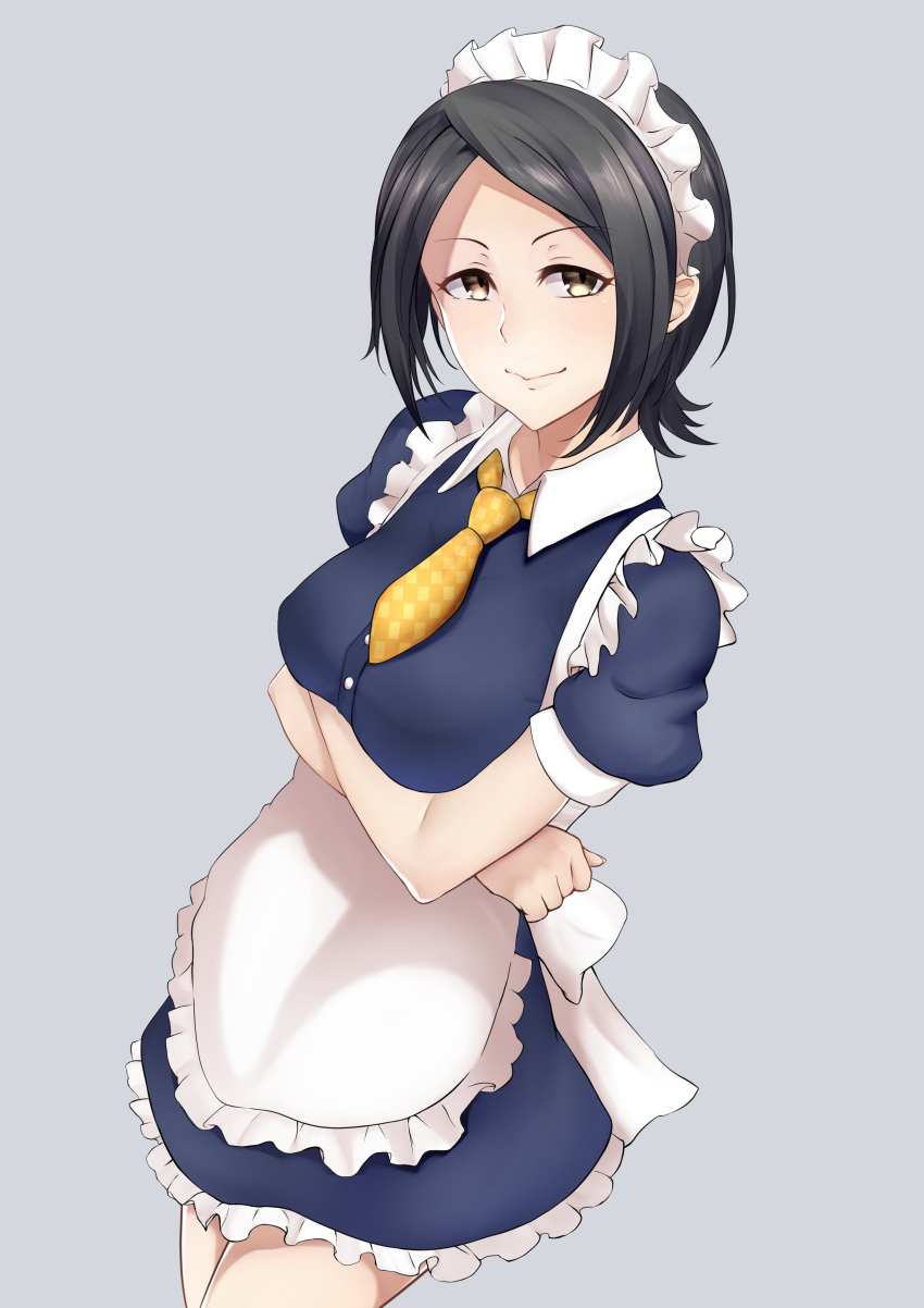 1girl, absurdres, apron, black_hair, breasts, brown_eyes, closed_mouth, crossed_arms