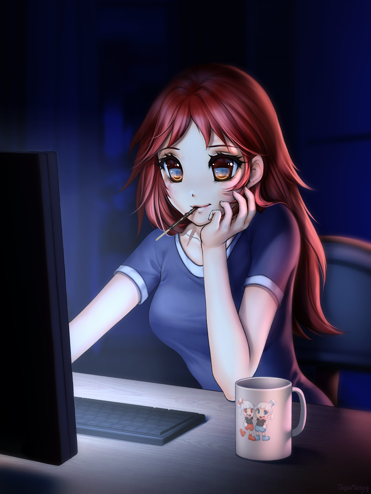 1girl, arm_support, bangs, blush, breasts, brown_eyes, chair, closed_mouth