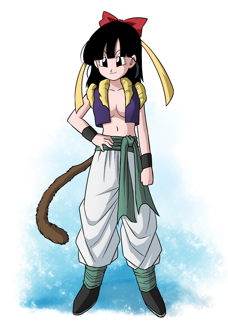 1girl, black_eyes, black_hair, bow, breasts, dragon_ball, dragon_ball_heroes, fusion