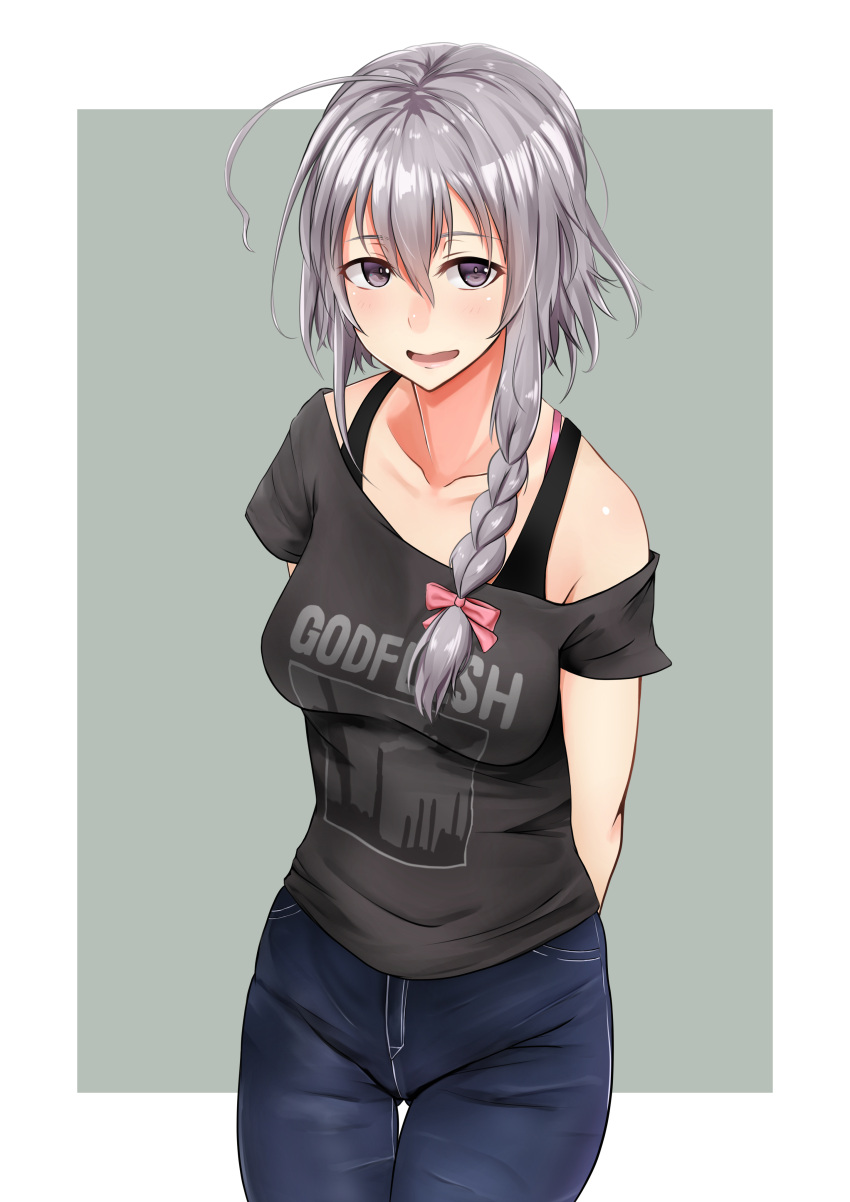 1girl, absurdres, ahoge, arms_behind_back, bra_strap, braid, cowboy_shot, denim, gobi_(sobmobink), grey_eyes, hair_between_eyes, hair_over_shoulder, highres, hoshi_shouko, idolmaster, idolmaster_cinderella_girls, jeans, long_hair, looking_at_viewer, open_mouth, pants, shirt, short_hair, silver_hair, single_braid, smile, solo, strap_slip, t-shirt, thigh_gap