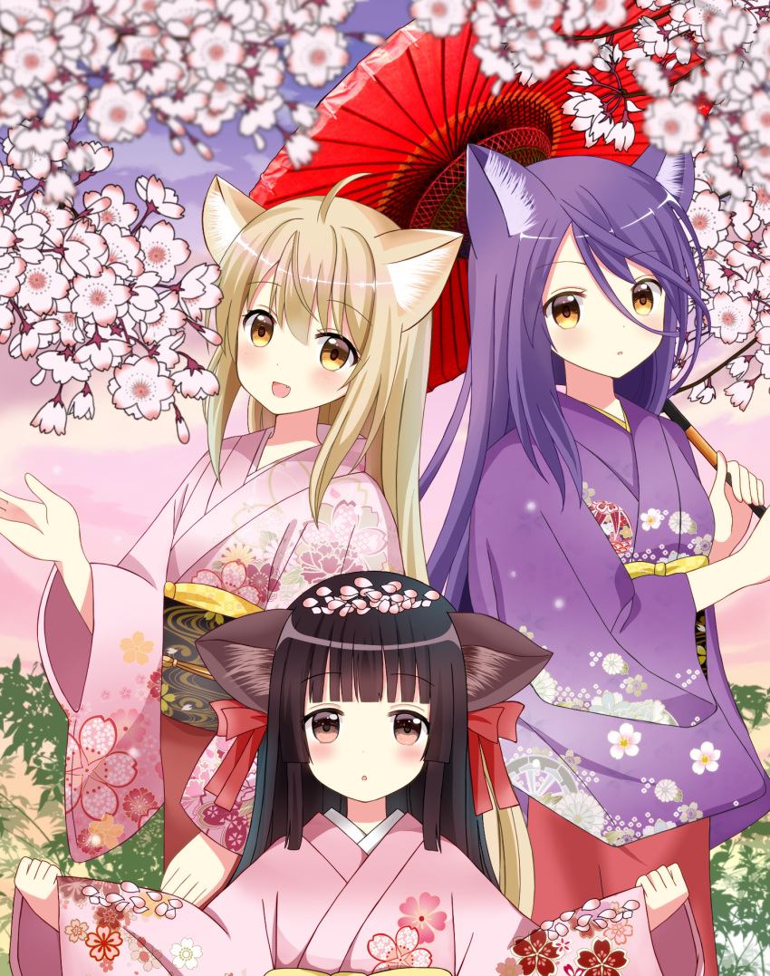 3girls, :d, :o, ahoge, animal_ears, bangs, blunt_bangs, blush