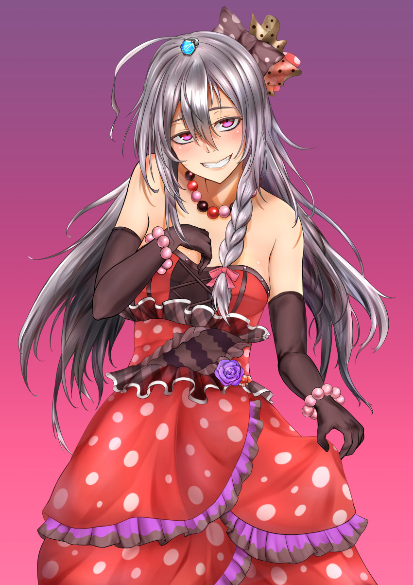 1girl, absurdres, ahoge, bare_shoulders, bead_bracelet, bead_necklace, beads, black_gloves
