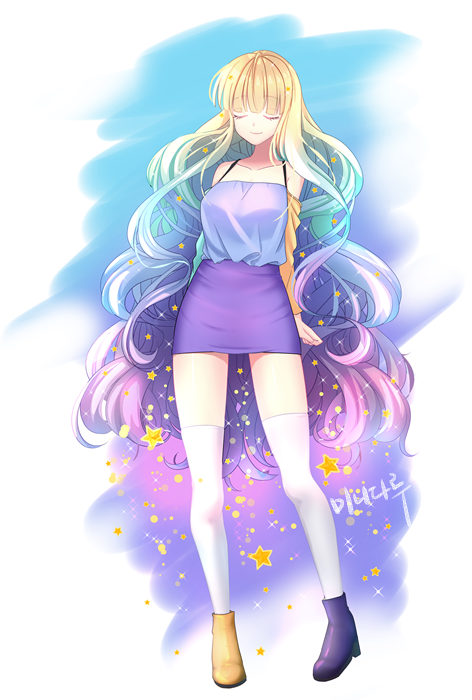 1girl, absurdly_long_hair, blonde_hair, blue_hair, blush, boots, bra_strap, breasts, brown_footwear, character_request, closed_eyes, closed_mouth, collarbone, copyright_request, eyebrows_visible_through_hair, facing_viewer, full_body, large_breasts, long_hair, multicolored_hair, o_yat, purple_footwear, purple_hair, smile, solo, thigh-highs, very_long_hair, white_legwear