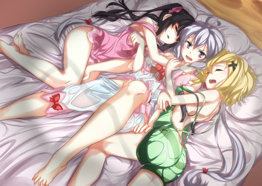 3104bnb, 3girls, ahoge, akatsuki_kirika, angry, annoyed, ass, bare_legs, bed, black_bra, black_hair, blonde_hair, blush, bra, breasts, closed_eyes, commentary_request, girl_sandwich, hair_ornament, highres, hug, long_hair, looking_at_viewer, medium_breasts, multiple_girls, open_mouth, pajamas, pillow, sandwiched, senki_zesshou_symphogear, short_hair, silver_hair, sleeping, sleepwear, strap_slip, tsukuyomi_shirabe, twintails, underwear, undone_bra, very_long_hair, violet_eyes, x_hair_ornament, yukine_chris