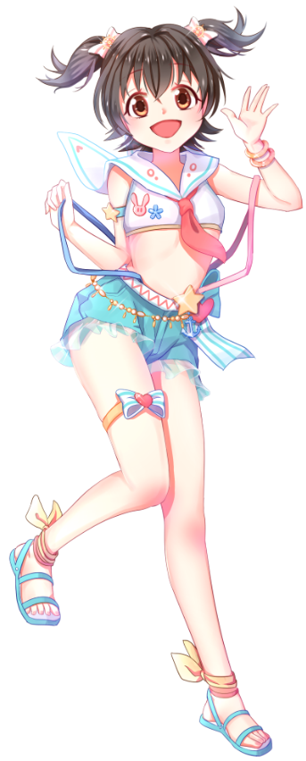 1girl, akagi_miria, anklet, blush, bow, bracelet, brown_eyes, close-up, crop_top, eyebrows_visible_through_hair, hair_bow, idolmaster, idolmaster_cinderella_girls, jewelry, looking_at_viewer, o_yat, open_mouth, red_neckwear, sandals, short_hair, short_twintails, smile, solo, twintails, upper_body