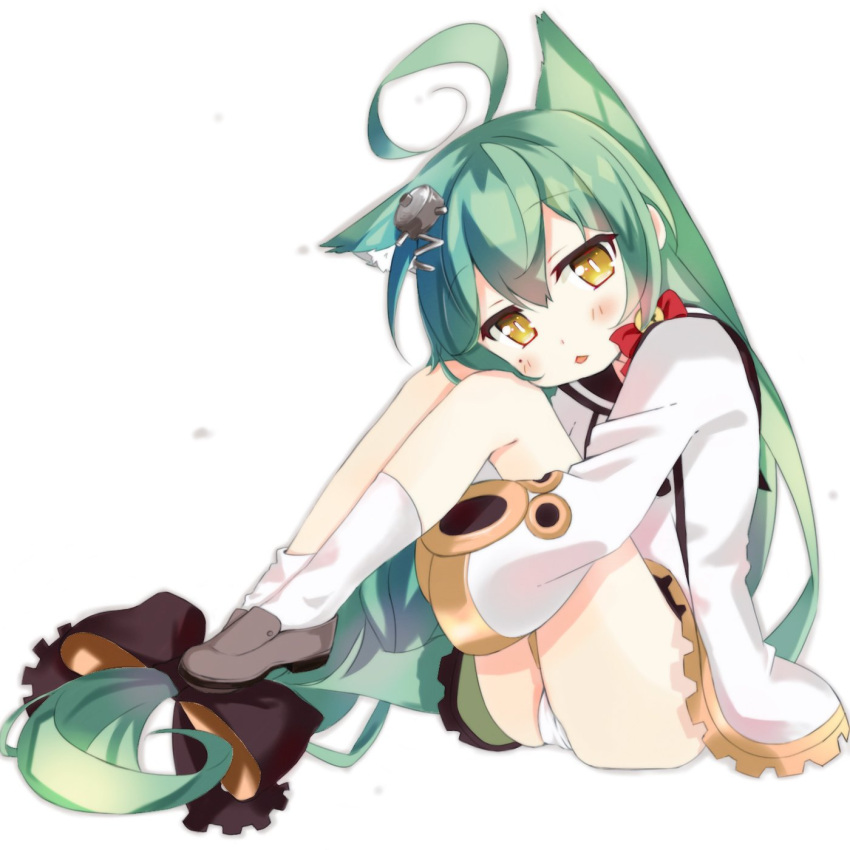 1girl, :3, ahoge, akashi_(azur_lane), animal_ears, azur_lane, cat_ears, commentary_request, dress, green_hair, highres, kamakura_(abcd-1111-58), leg_hug, long_hair, looking_at_viewer, panties, pantyshot, pantyshot_(sitting), parted_lips, simple_background, sitting, sleeves_past_wrists, solo, underwear, white_background, white_dress, white_panties, yellow_eyes