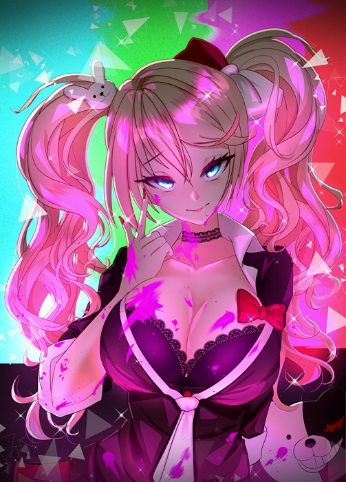 1girl, black_bra, blonde_hair, blue_eyes, blush, bra, breasts, choker