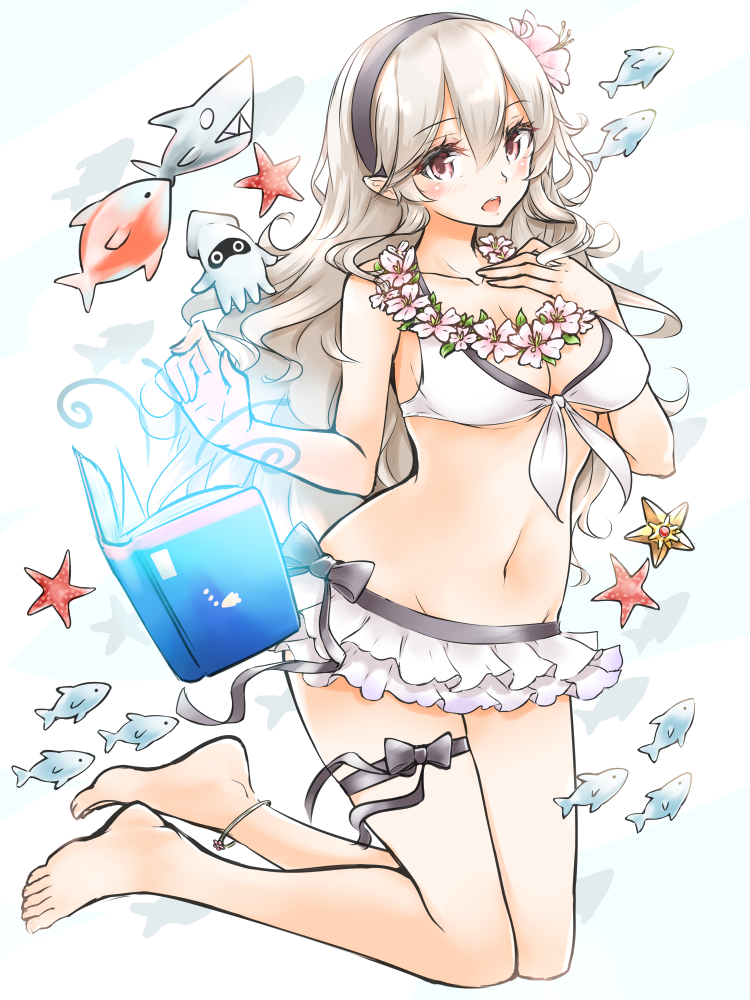 1girl, :o, anklet, bare_legs, barefoot, belly_button, bikini, bikini_skirt