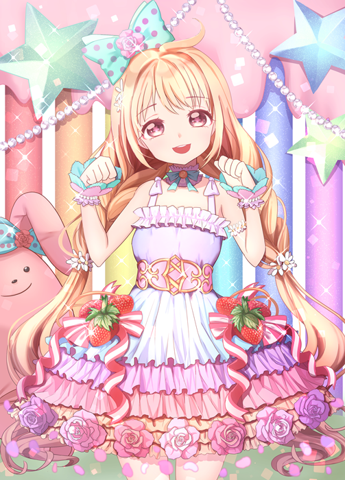 1girl, absurdly_long_hair, blonde_hair, blush, brown_eyes, eyebrows_visible_through_hair, flower, futaba_anzu