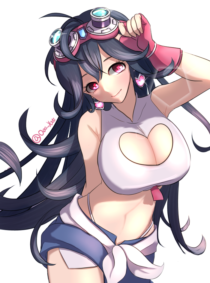 1girl, black_hair, blush, breasts, character_request, cleavage, cleavage_cutout, closed_mouth