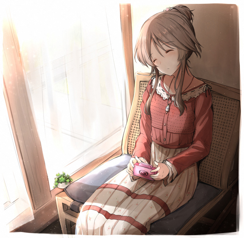 1girl, blush, brown_hair, camera, closed_eyes, curtains, dress, hair_bun