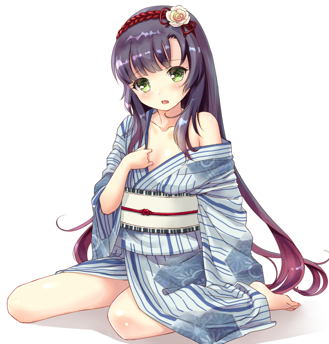 1girl, bare_shoulders, black_hair, full_body, gradient_hair, green_eyes, hairband, japanese_clothes