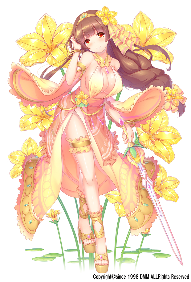 1girl, asaza_(flower_knight_girl), bracelet, braid, breasts, brown_hair, choker, closed_mouth