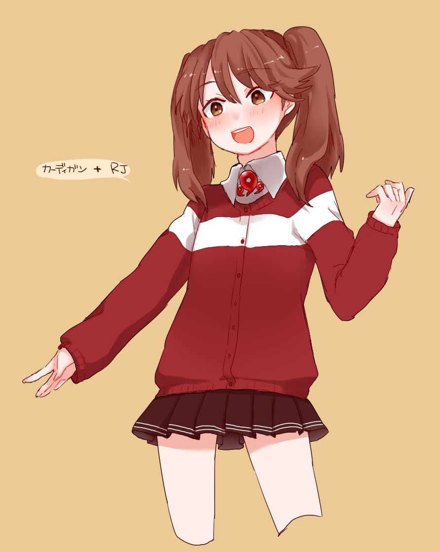 1girl, achii_adachi, adapted_costume, alternate_costume, black_skirt, brown_eyes, brown_hair, cardigan, cowboy_shot, kantai_collection, magatama, no_hat, no_headwear, open_mouth, orange_background, pleated_skirt, red_swater, ryuujou_(kantai_collection), simple_background, skirt, smile, solo, twintails