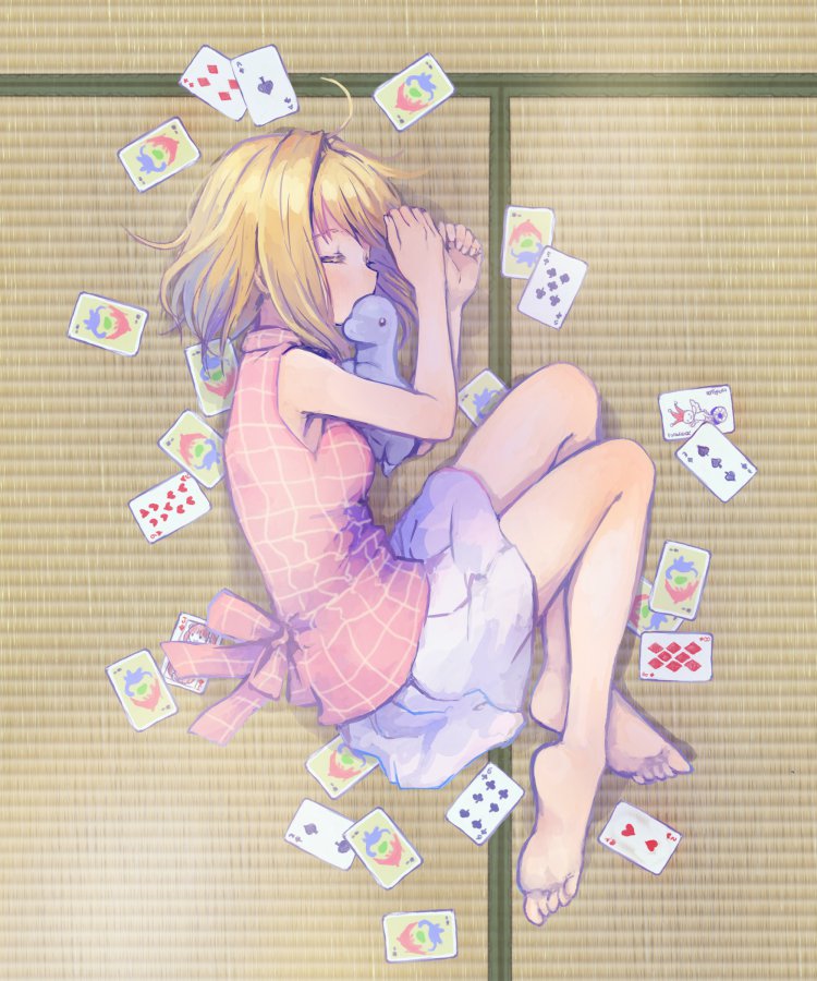 1girl, air, barefoot, blonde_hair, card, casual, closed_eyes, dinosaur