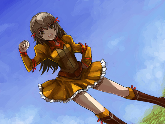 brown_eyes, brown_hair, clenched_hand, dress, dutch_angle, fist, kara_(color), knee_boots