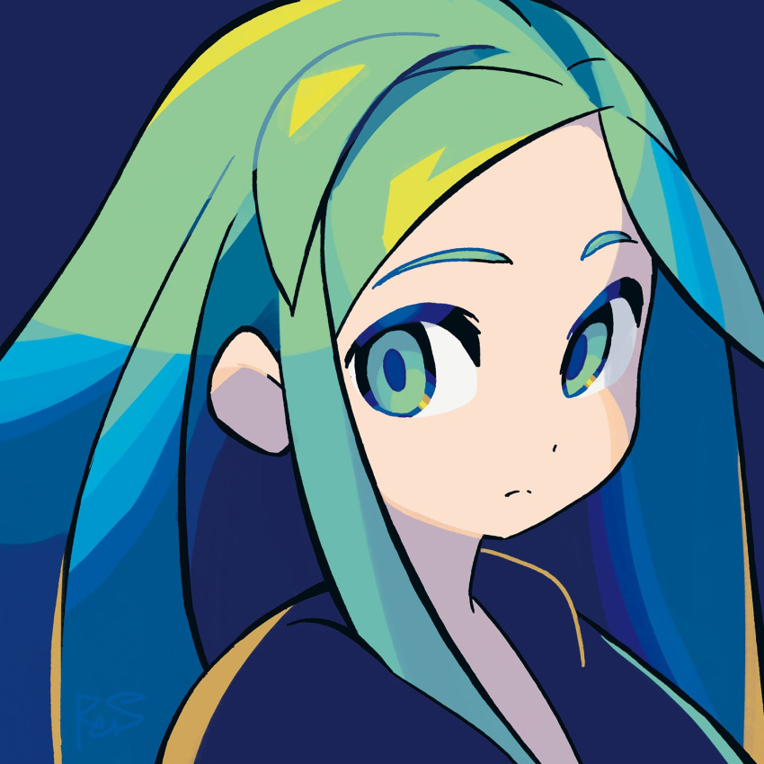 1girl, blue_background, blue_hair, blue_jacket, blue_pupils, bright_pupils, close-up, closed_mouth