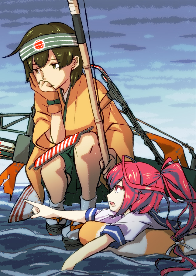 2girls, ahoge, arrow, bow_(weapon), brown_eyes, brown_hair, chin_rest, commentary_request