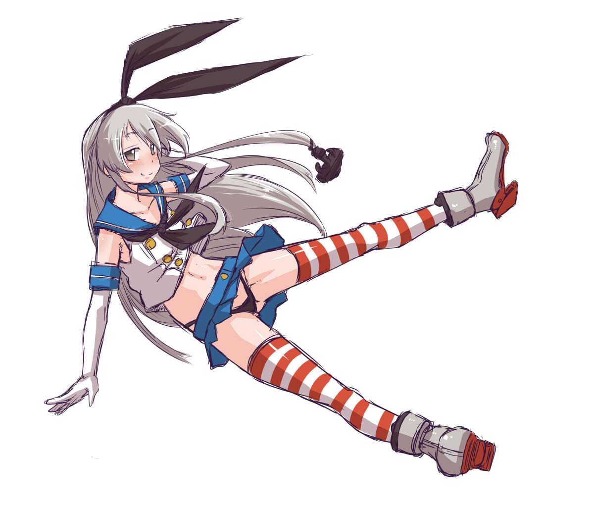 1girl, anchor_hair_ornament, arm_behind_head, black_panties, blue_skirt, crop_top, elbow_gloves, full_body