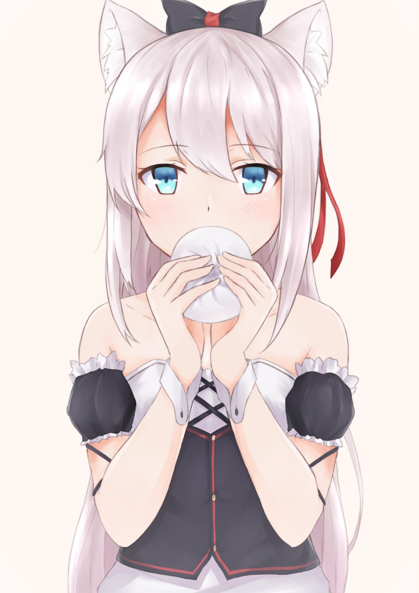 1girl, absurdres, azur_lane, bare_shoulders, beige_background, black_bow, blue_eyes, bow