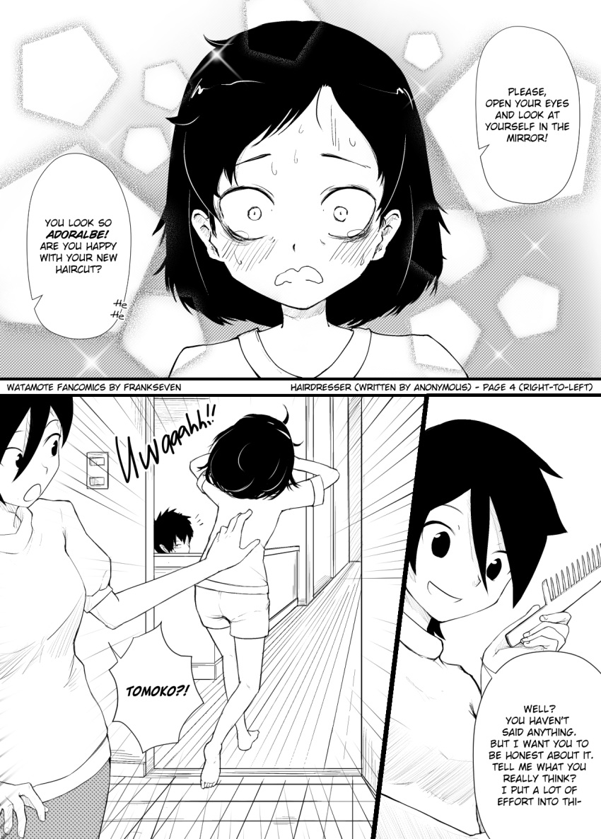 alternate_hair_length, alternate_hairstyle, artist_name, bags_under_eyes, comb, comic, door, emphasis_lines