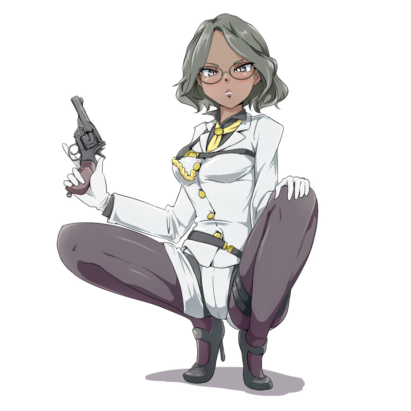 1girl, aiguillette, belt, black_eyes, black_hair, black_legwear, dark_skin, full_body, gazelle_(princess_principal), glasses, gloves, gun, hand_on_own_knee, handgun, high_heels, houchiku_no_min, jacket, looking_at_viewer, miniskirt, necktie, panties, princess_principal, revolver, short_hair, skirt, skirt_around_one_leg, solo, squatting, tiptoes, underwear, weapon, white_gloves, white_jacket, white_panties, white_skirt
