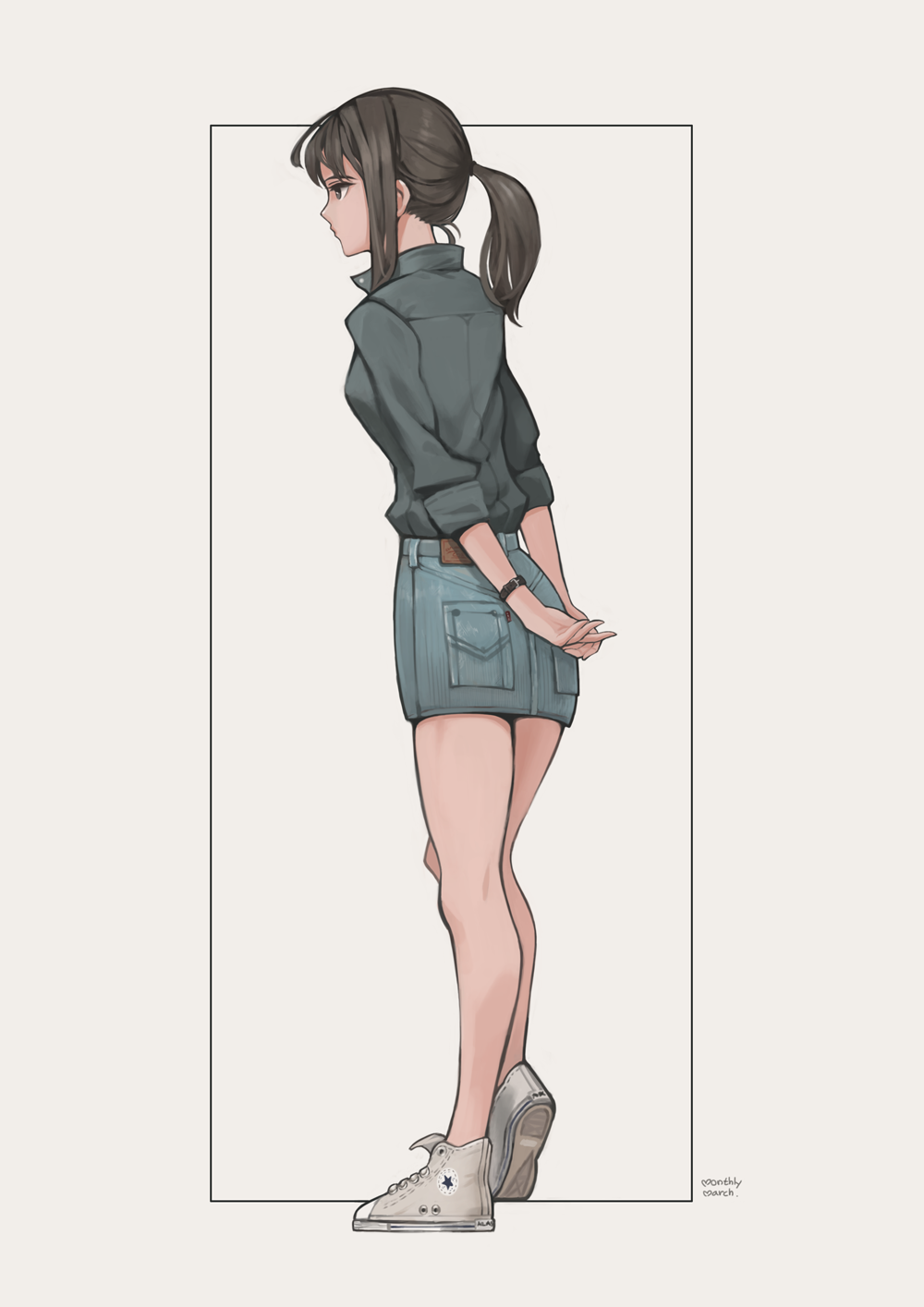1girl, arms_behind_back, artist_name, brown_hair, converse, denim, denim_skirt, from_behind, full_body, highres, original, ponytail, shoes, signature, sin_gun_woo, skirt, sneakers, solo, watch, watch