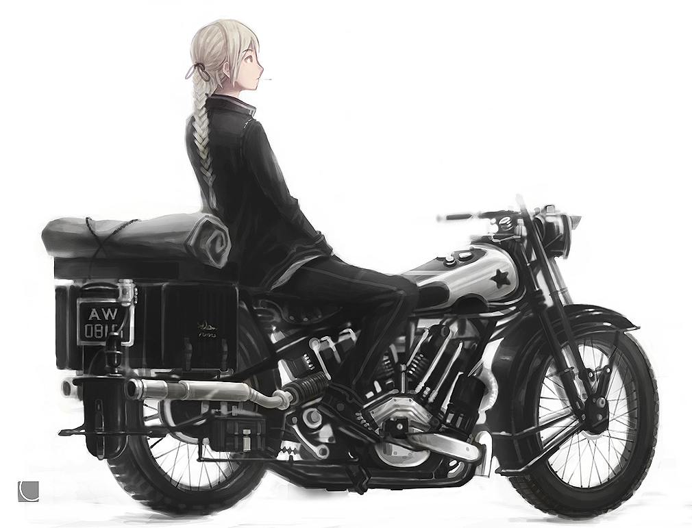 1boy, braid, cigarette, from_side, ground_vehicle, hair_tie, jacket, male_focus