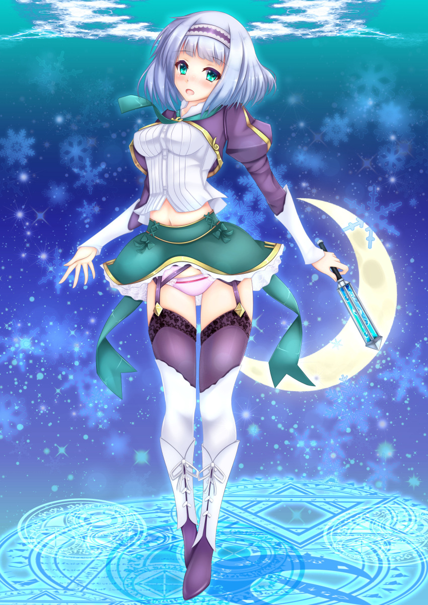 1girl, absurdres, blush, bow, breasts, eyebrows_visible_through_hair, garter_belt, green_eyes