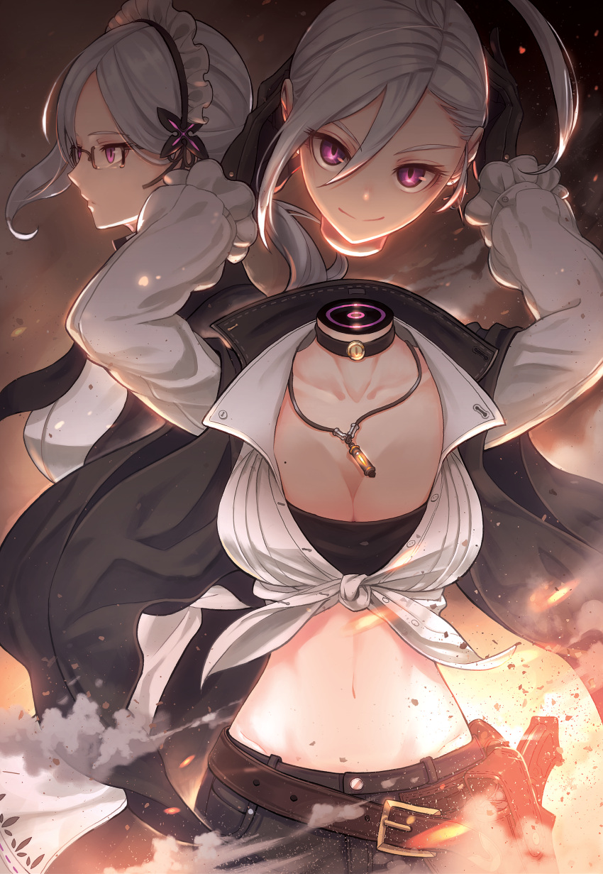 2girls, absurdres, belt, black_gloves, breasts, choker, cleavage, collarbone