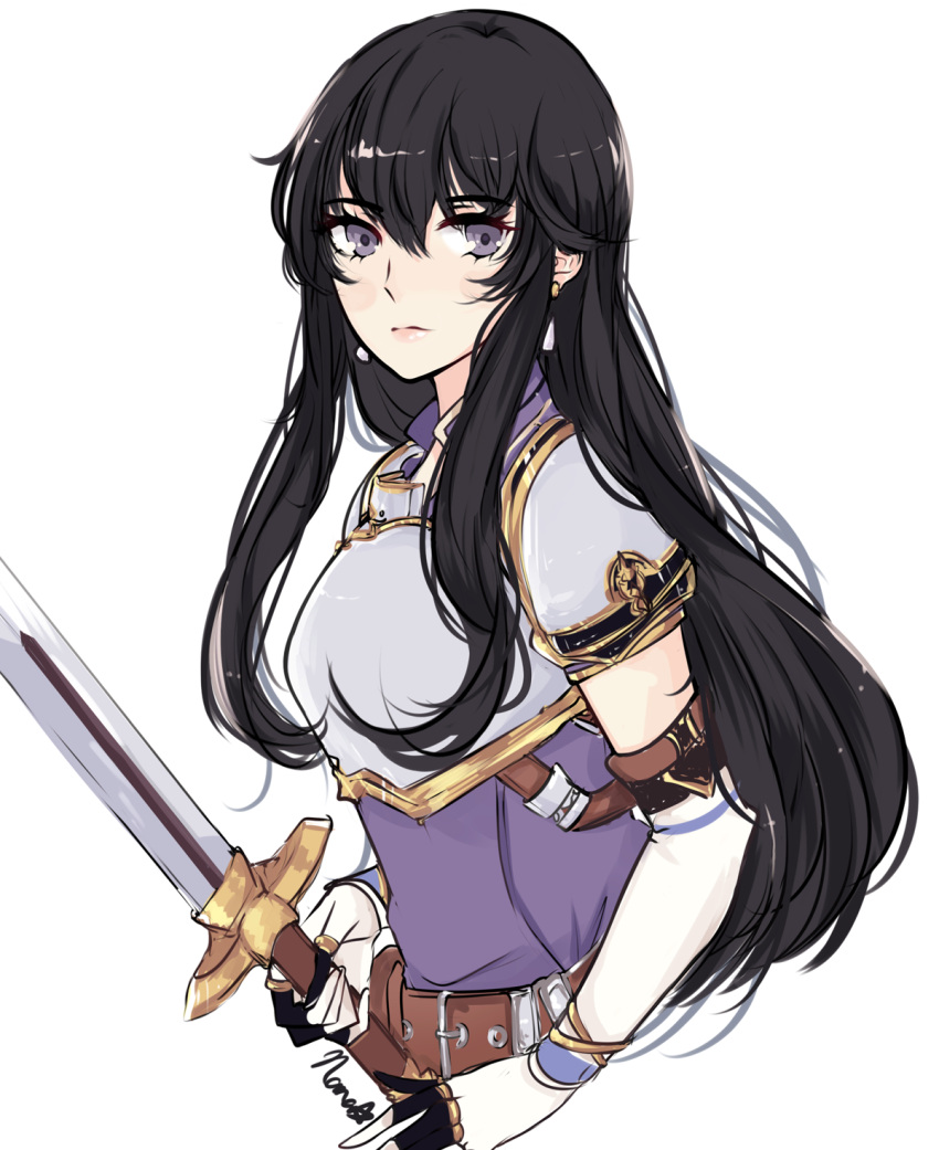 1girl, aira_(fire_emblem), armor, belt, black_hair, breastplate, earrings, elbow_gloves