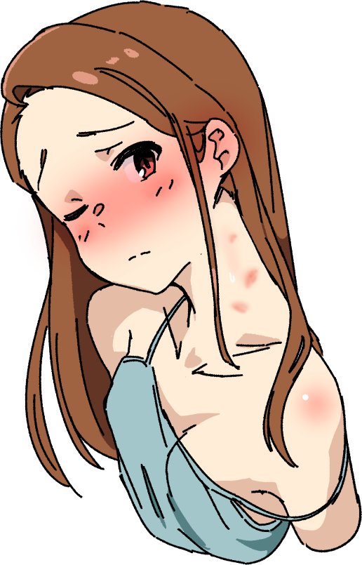 1girl, bare_shoulders, blush, breasts, brown_eyes, brown_hair, hickey, idolmaster