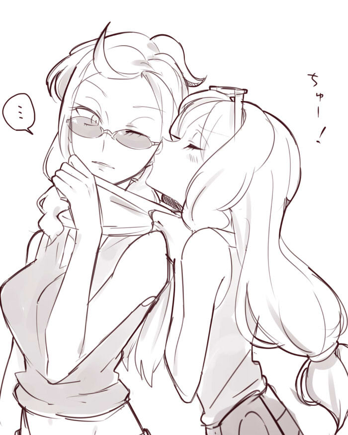 ..., 2girls, bare_shoulders, blush, cheek_kiss, clothes_grab, greyscale, hollomaru