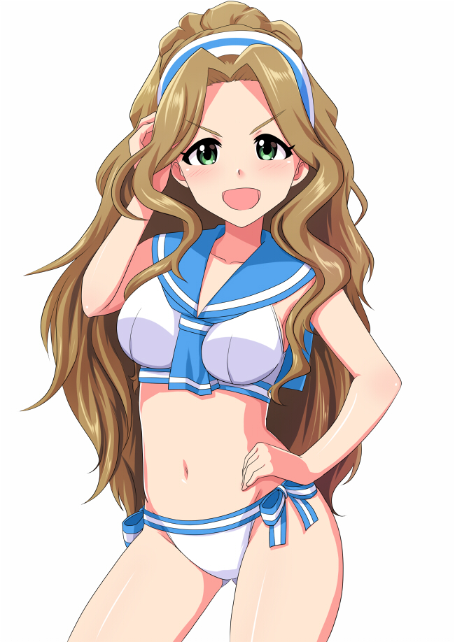 >:d, 1girl, :d, arm_up, bare_arms, bare_shoulders, between_breasts, bikini