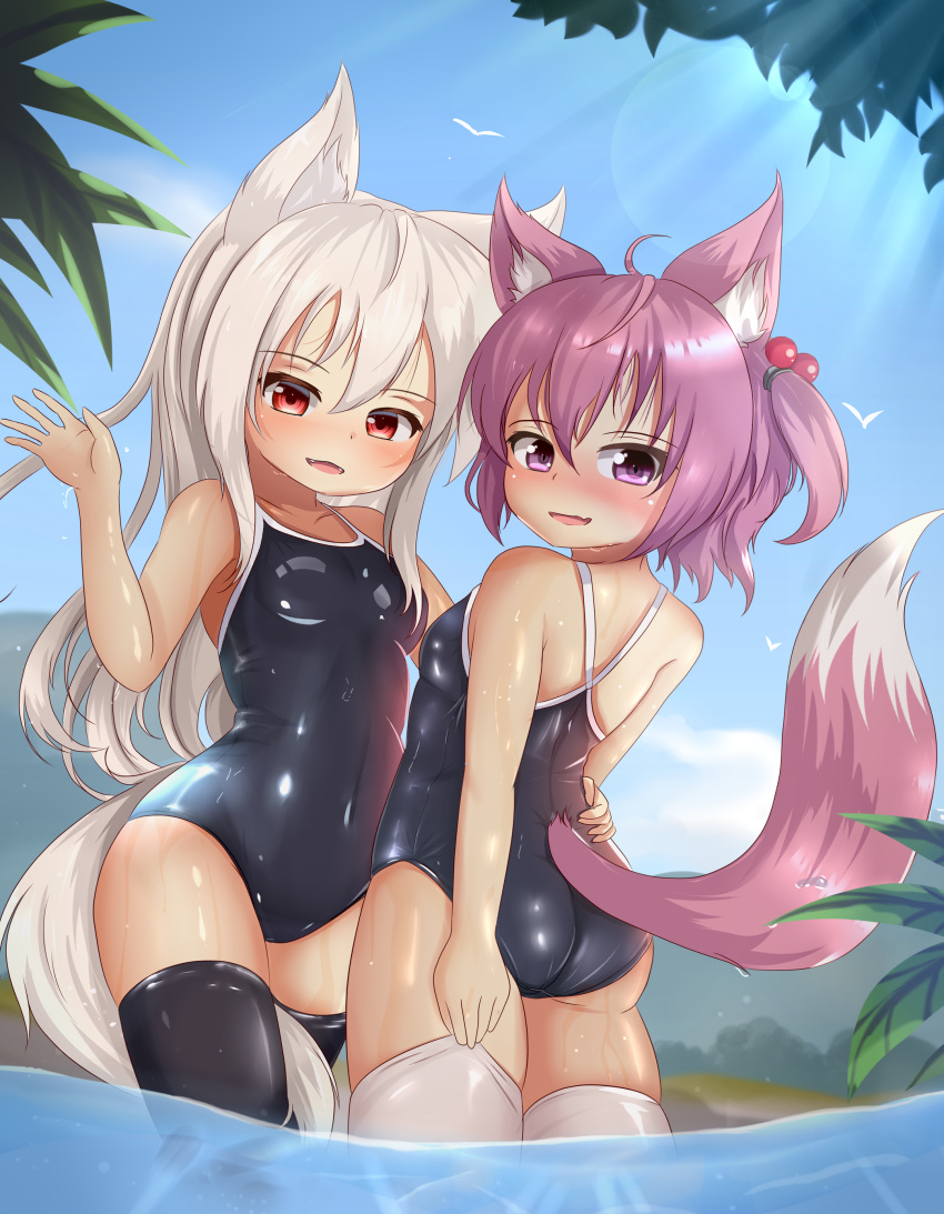 2girls, absurdres, animal_ears, ass, black_legwear, competition_school_swimsuit, cowboy_shot, fox_ears