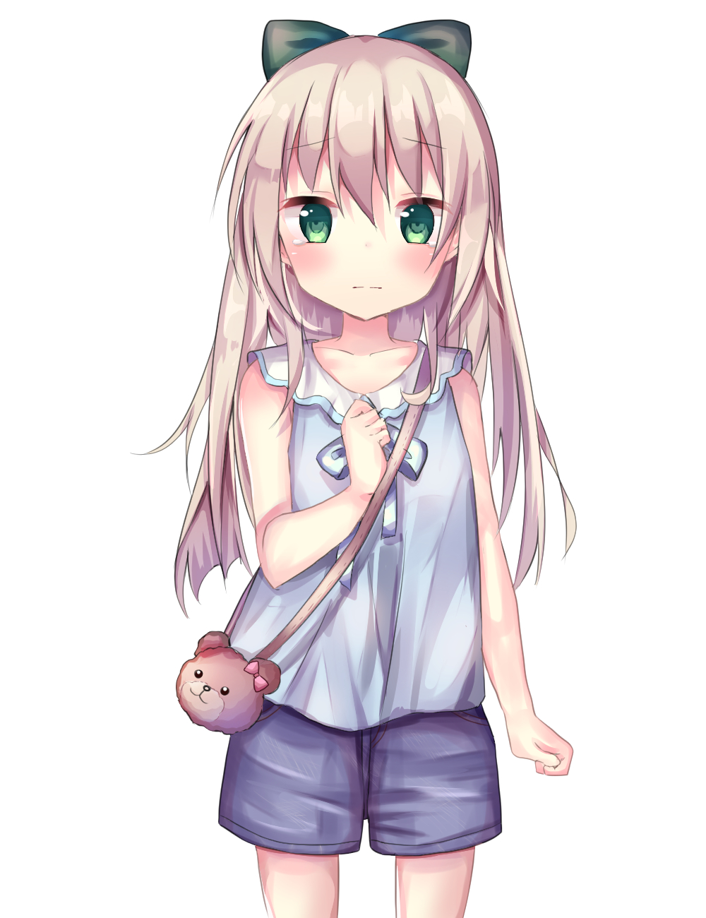 1girl, animal_bag, bag, bangs, bear_bag, blue_bow, blue_shirt, blue_shorts, blush, bow, closed_mouth, collarbone, cowboy_shot, eyebrows_visible_through_hair, green_bow, green_eyes, hair_between_eyes, hair_bow, hand_up, handbag, highres, light_brown_hair, long_hair, looking_at_viewer, original, shirt, shorts, shoulder_bag, simple_background, sleeveless, sleeveless_shirt, solo, standing, tears, tsuruse, very_long_hair, white_background