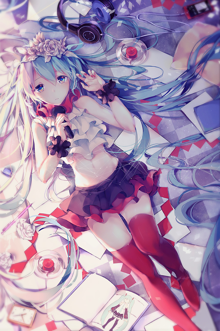 1girl, absurdly_long_hair, bare_shoulders, bless_you_(module), flower, frills, hair_flower, hair_ornament, hatsune_miku, headphones, headphones_removed, long_hair, lying, microphone, midriff, miniskirt, navel, nisoku_hokou_(vocaloid), on_back, pino_ko, project_diva_(series), project_diva_f_2nd, red_legwear, skirt, sleeveless, solo, thigh-highs, upside-down, very_long_hair, vocaloid, wrist_cuffs