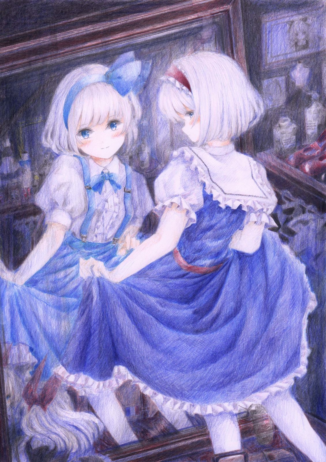 4girls, alice_margatroid, alice_margatroid_(pc-98), blue_eyes, blush, bow, colored_pencil_(medium), curtsey