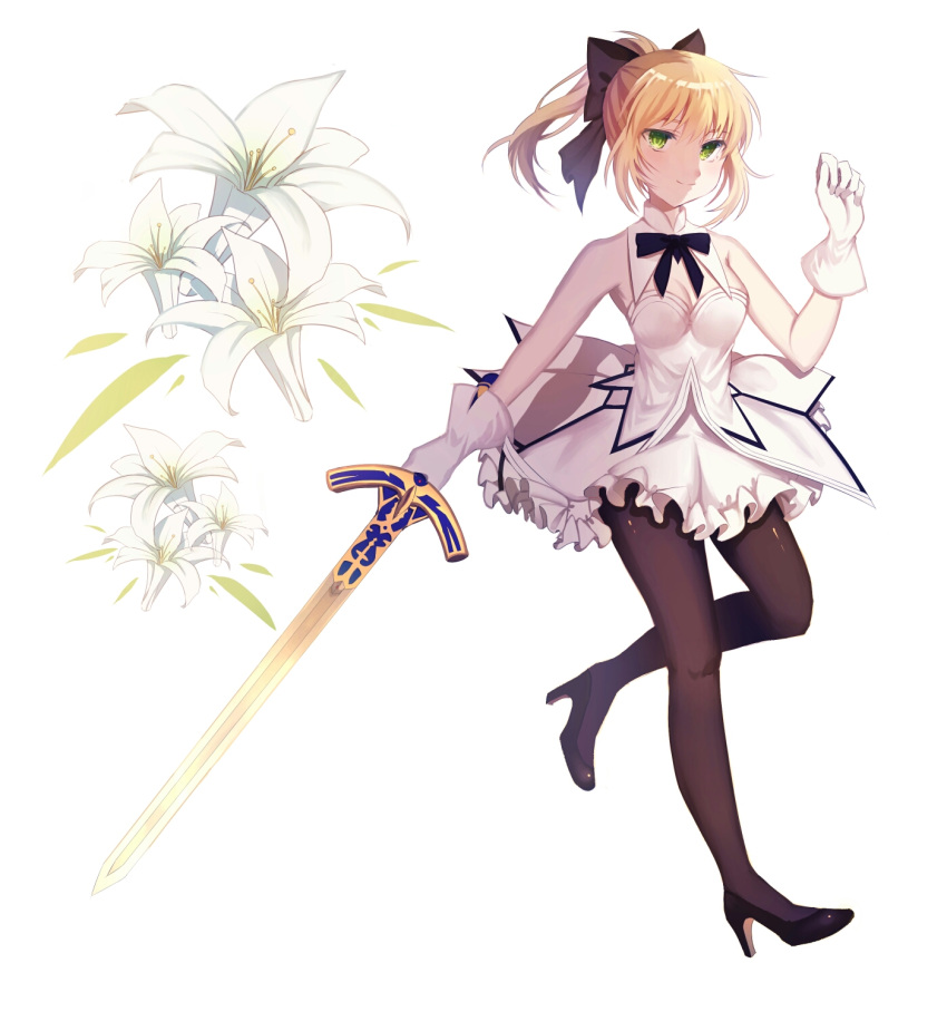 1girl, artoria_pendragon_(all), black_bow, black_legwear, blonde_hair, blush, bow, closed_mouth