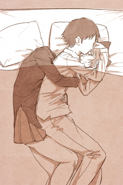 1boy, 1girl, blanket, bow, closed_eyes, cuddling, cushion, disembodied_head