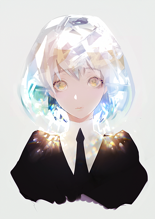androgynous, backlighting, black_neckwear, black_shirt, closed_mouth, collared_shirt, cropped_torso, diamond_(houseki_no_kuni)
