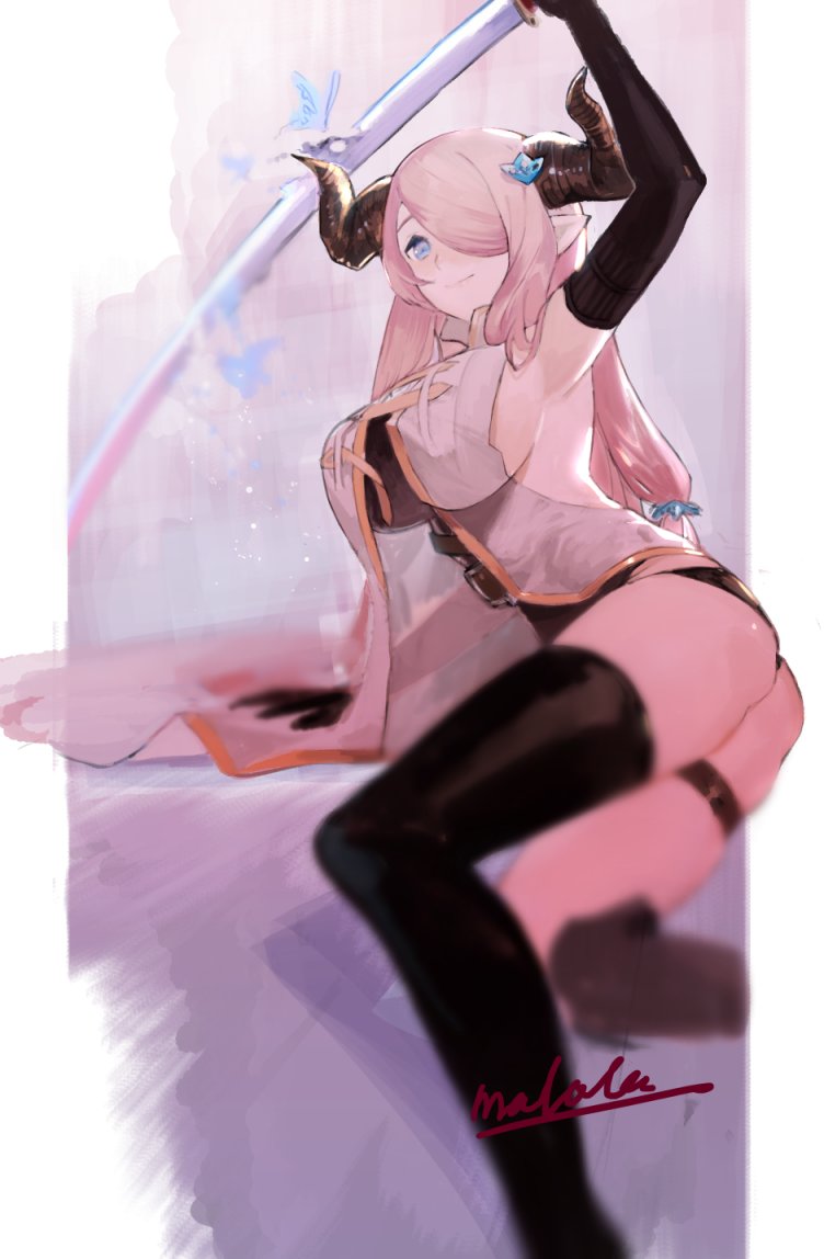 armpits, blue_eyes, breasts, demon_horns, doraf, elbow_gloves, gloves, granblue_fantasy