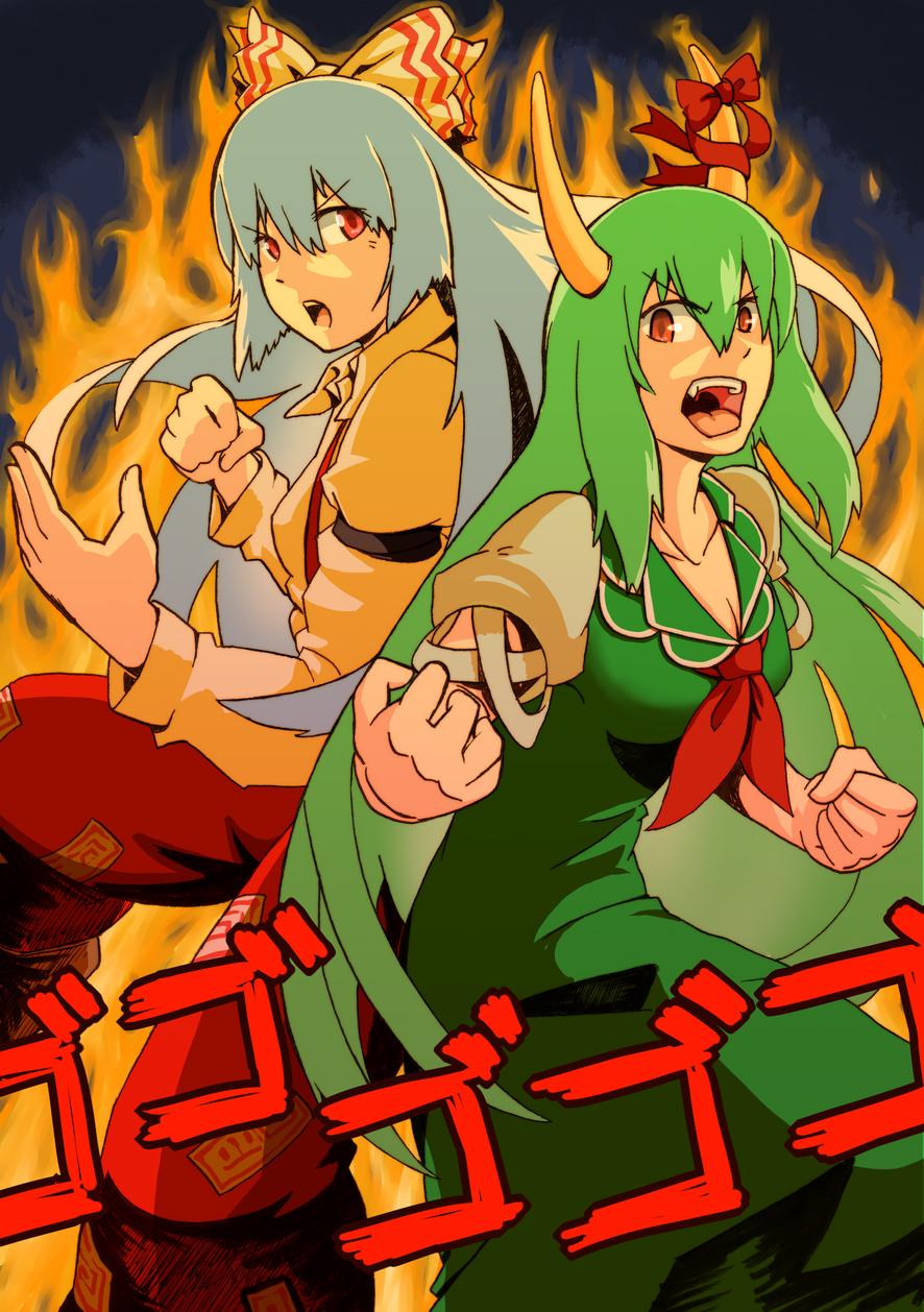 bow, ex-keine, ex_keine, fighting_stance, fire, fujiwara_no_mokou, green_hair, hair_bow