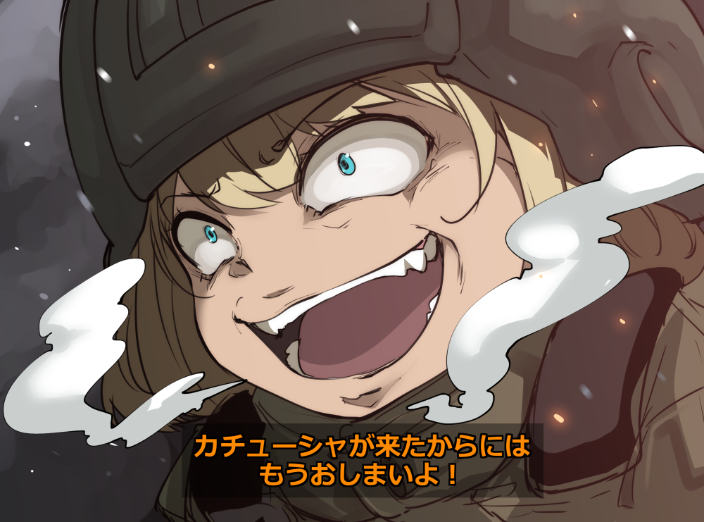 1girl, blonde_hair, blue_eyes, commentary, girls_und_panzer, helmet, katyusha, military