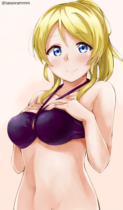 1girl, ayase_eli, bare_arms, bare_shoulders, bikini_top, blonde_hair, blue_eyes, blush
