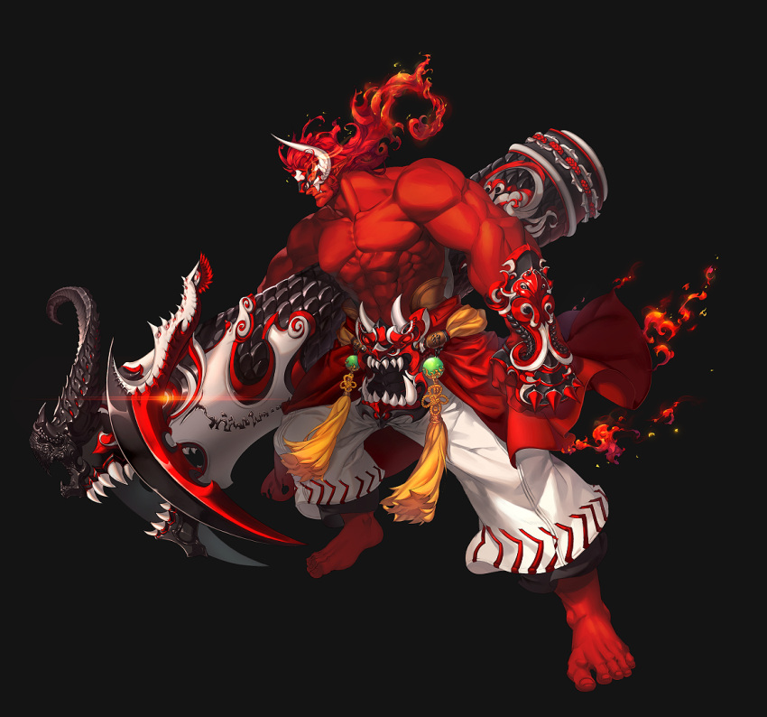 1boy, abs, barefoot, battering_ram, black_background, fang, fire, full_body